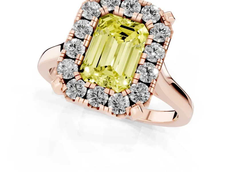 Emerald Cut Claw Corner Halo Engagement Ring Setting for a Fancy Yellow Lab-Grown Diamond | Slim Plain Band | Rose Gold