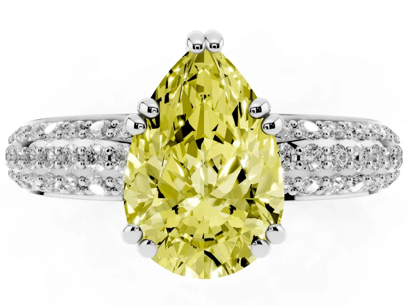 Pear-Shaped Three Row Pave Engagement Ring Setting for a Fancy Yellow Lab-Grown Diamond | Double Claws | Sterling Silver
