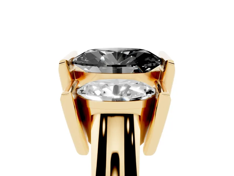 Fancy Black Oval Cut Diamond Three-Stone Channel Set Ring Set in Yellow gold with Smooth Polished Band