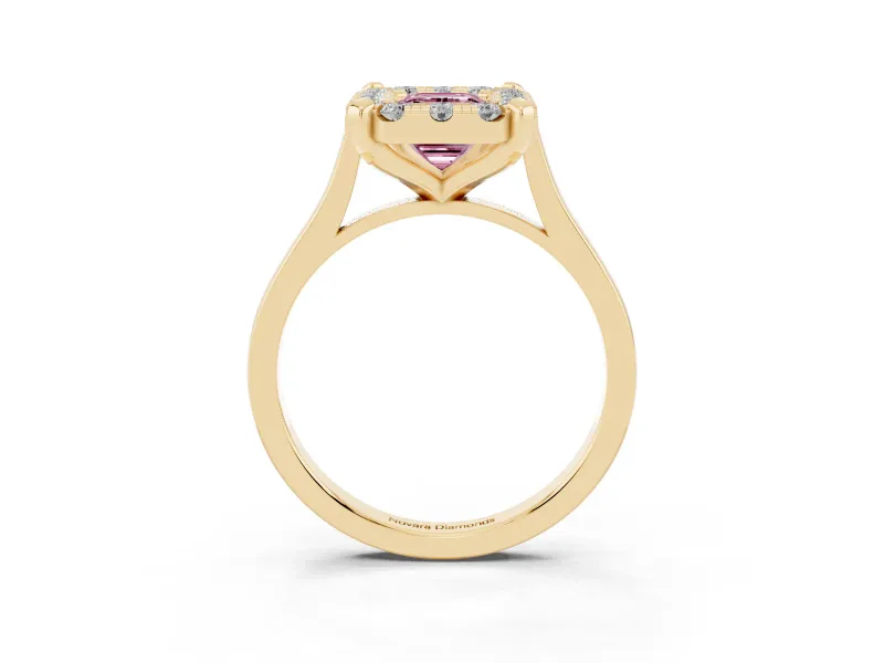 Emerald Cut Claw Corner Halo Engagement Ring Setting for a Fancy Pink Lab-Grown Diamond | Slim Plain Band | Yellow Gold