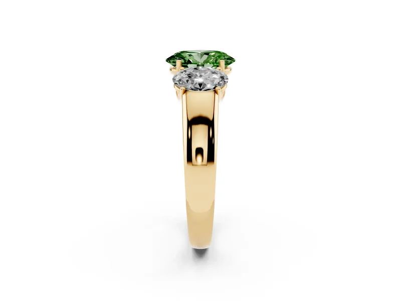 Fancy Green Three-Stone Oval Cut Diamond Ring Set in Yellow gold with Matching Prong Settings and Plain Band