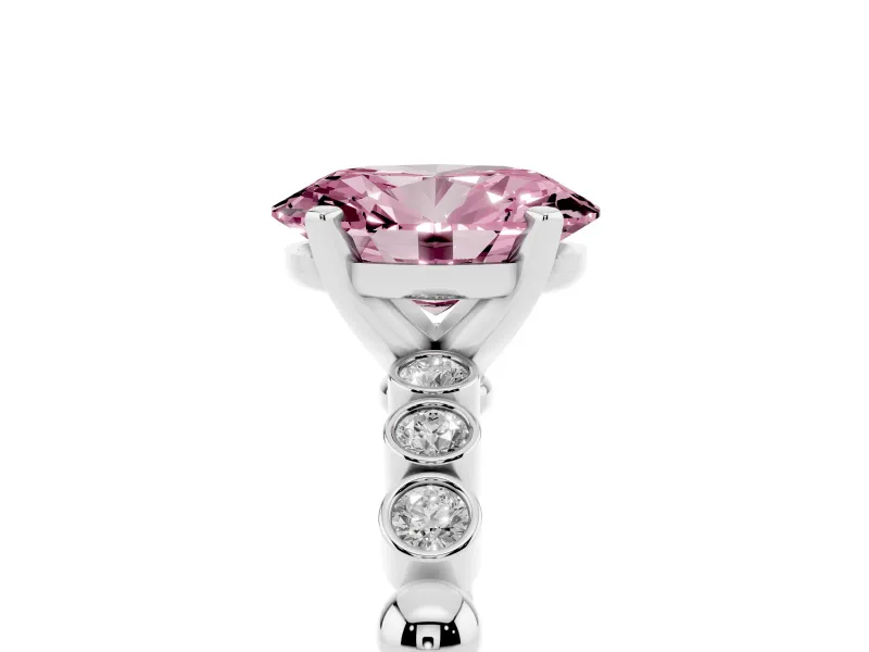 Fancy Pink Oval Cut Diamond Solitaire Engagement Ring Set in White gold with Bezel Accents on Beaded Band