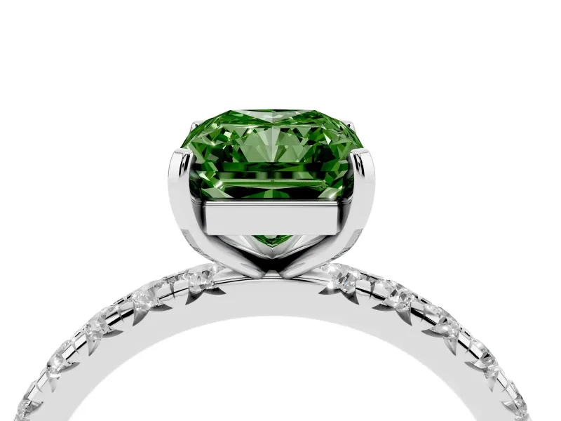 Fancy Green Radiant Cut Diamond Pavé Solitaire Ring Set in White gold with Round Band and Prong Setting