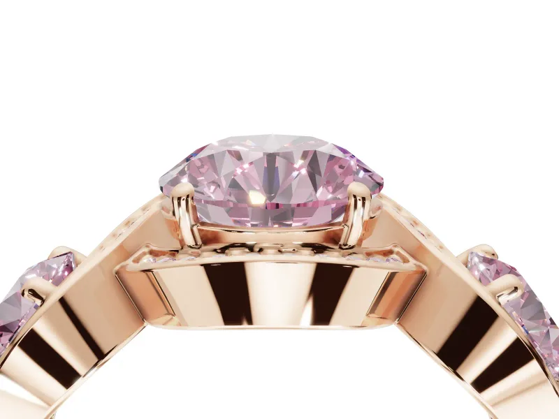 Round Three Stone Halo Engagement Ring Setting for a Fancy Pink Lab-Grown Diamond | Pavé Wave Band | Rose Gold