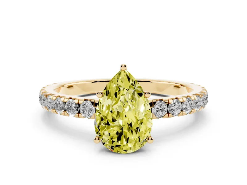 Fancy Yellow Pear Cut Diamond Pavé Solitaire Engagement Ring Set in Yellow gold with Prong Setting