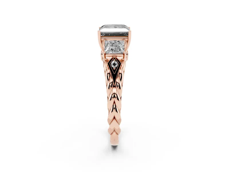Fancy Black Princess Cut Diamond Three-Stone Ring Set in Rose gold with Braided Band
