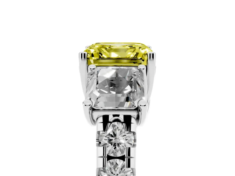 Asscher Cut Three Stone Engagement Ring Setting for a Fancy Yellow Lab-Grown Diamond | Accented Shoulders | Platinum