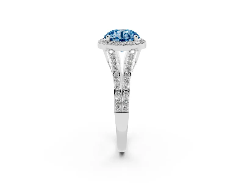Round Halo Engagement Ring Setting for a Fancy Blue Lab-Grown Diamond | Pave Split Shank | Platinum