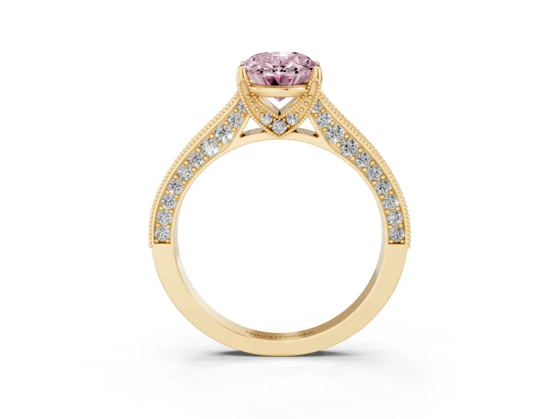 Oval Vintage Hidden Halo Engagement Ring Setting for a Fancy Pink Lab-Grown Diamond | Milgrain Pave Band | Yellow Gold