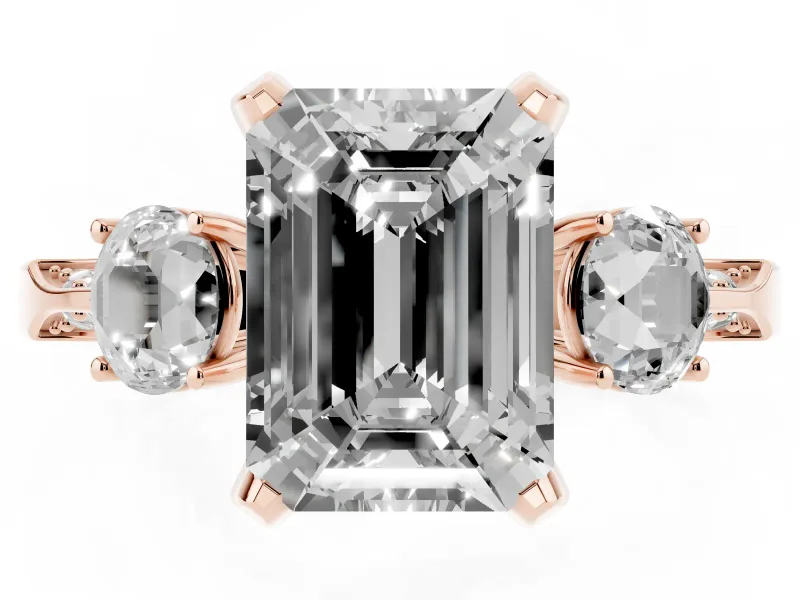 Emerald Cut Hidden Halo Three Stone Engagement Ring Setting | Pave Gallery | Rose Gold