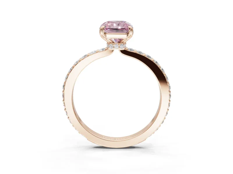 Radiant Cut Hidden Halo Engagement Ring Setting for a Fancy Pink Lab-Grown Diamond | Pavé Band | Rose Gold