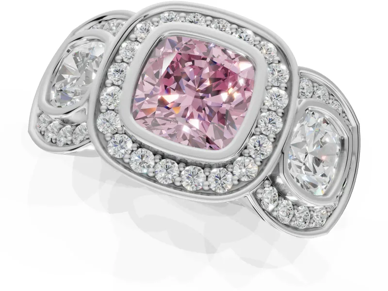 Cushion Cut Three Stone Halo Engagement Ring Setting for a Fancy Pink Lab-Grown Diamond | Platinum