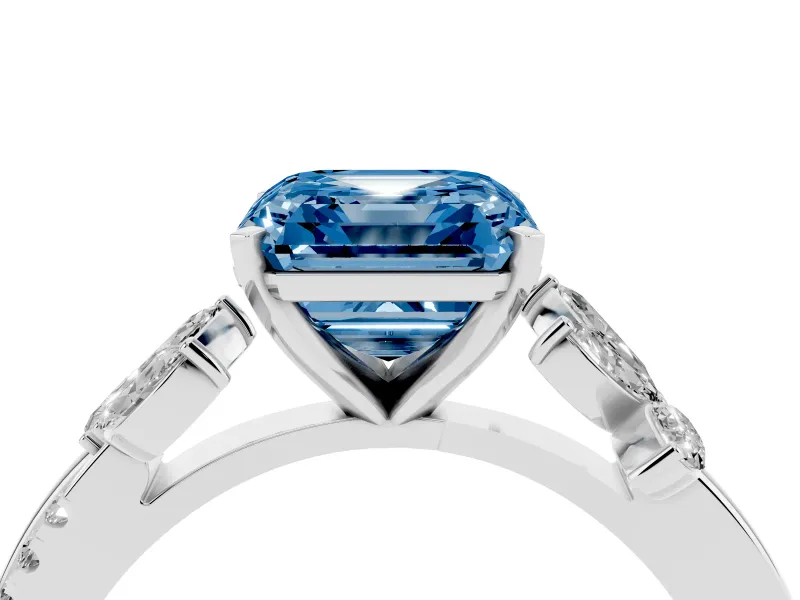 Fancy Blue Asscher Cut Diamond Floral Vine Solitaire Engagement Ring Set in Platinum with Marquise Leaves