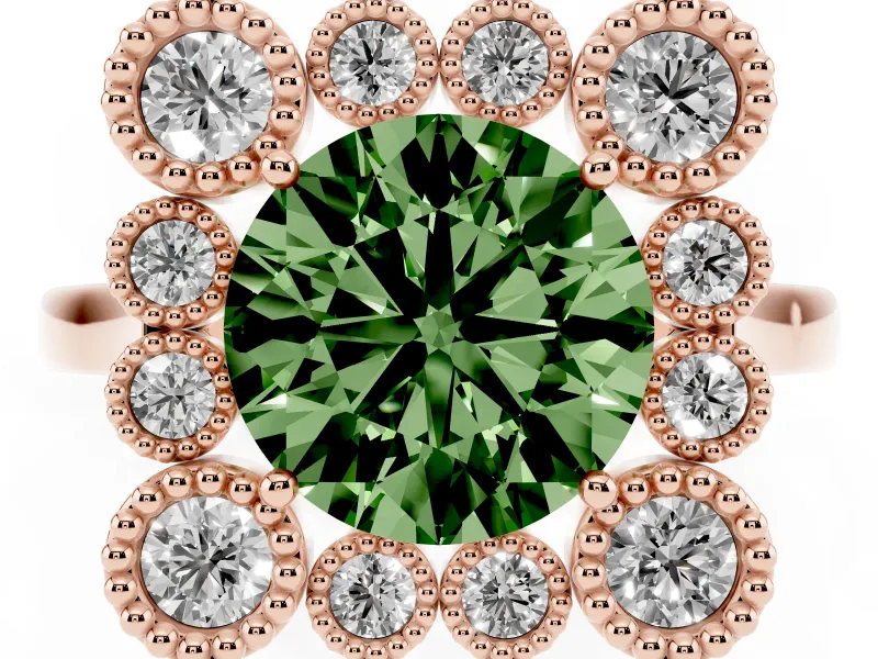 Round Milgrain Cluster Halo Engagement Ring Setting for a Fancy Green Lab-Grown Diamond | Plain Band | Rose Gold
