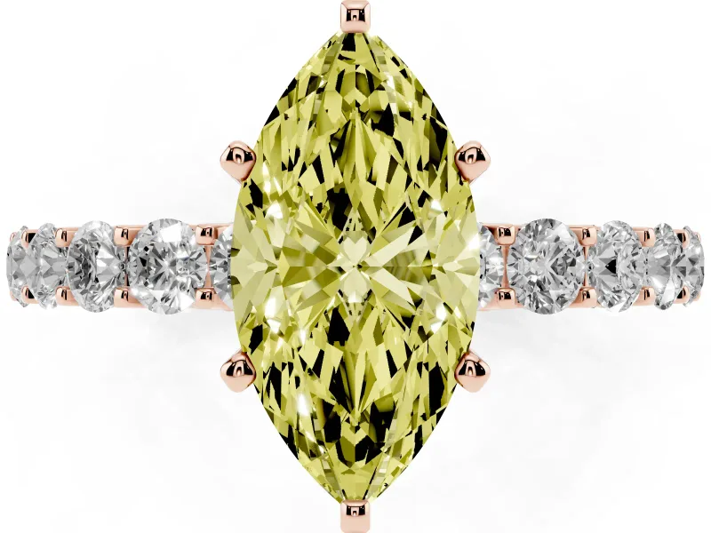 Fancy Yellow Marquise Cut Diamond Solitaire Ring Set in Rose gold with Shared Prong Pavé Band