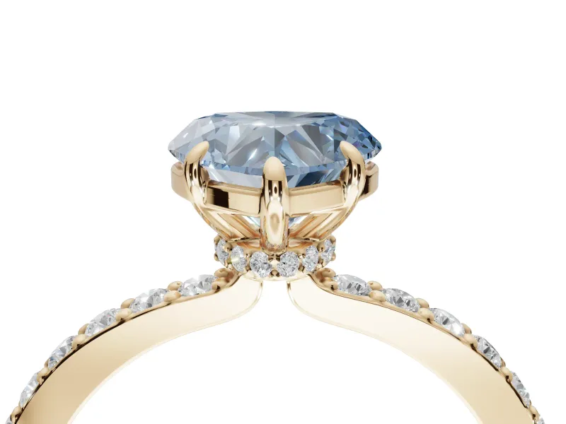 Heart-Shaped Hidden Halo Engagement Ring Setting for a Fancy Blue Lab-Grown Diamond | Pavé Band | Yellow Gold
