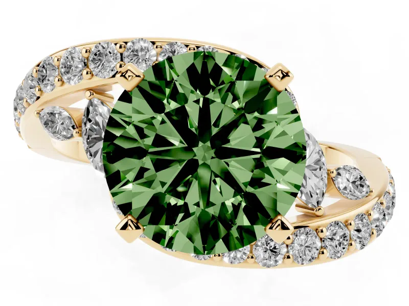 Fancy Green Round Cut Diamond Solitaire Ring Set in Yellow gold with Pavé Twist Band and Secure Prong Setting