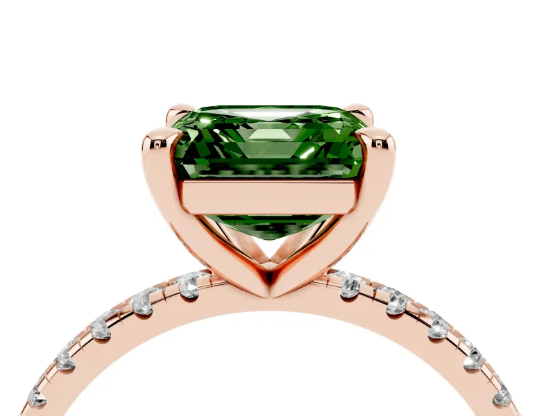 Fancy Green Asscher Cut Diamond Brilliant Solitaire Ring Set in Rose gold with Pavé Band and Prong Setting