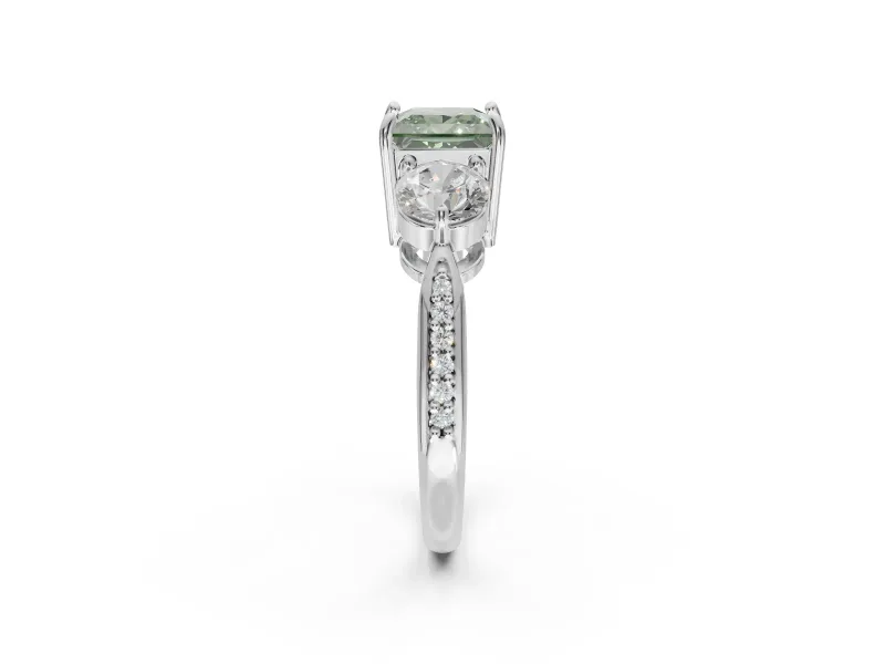 Princess Cut Three Stone Engagement Ring Setting for a Fancy Green Lab-Grown Diamond | Tapered Pave Band | White Gold