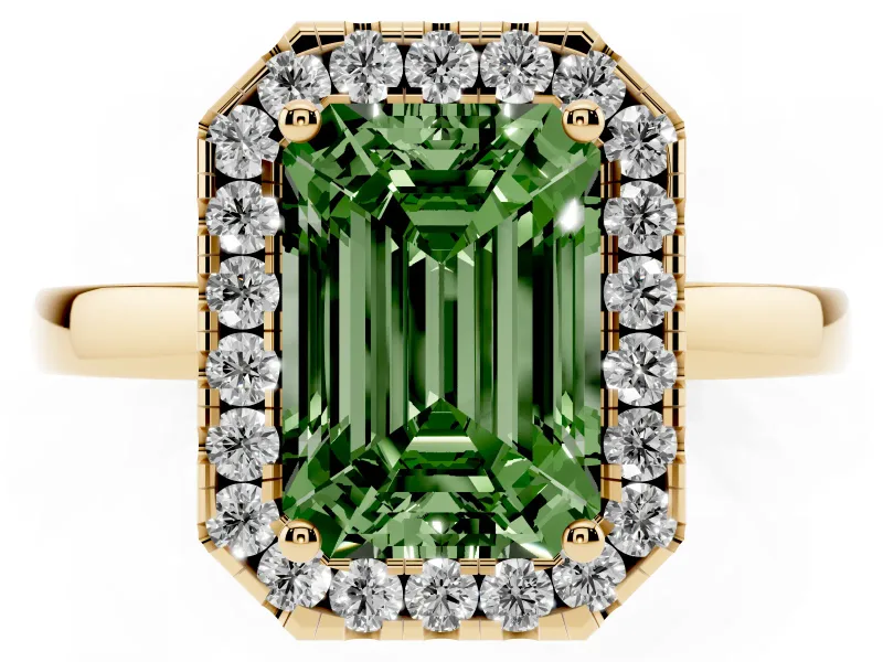 Fancy Green Emerald Cut Diamond Halo Solitaire Ring Set in Yellow gold with Pavé Band and Prong Setting