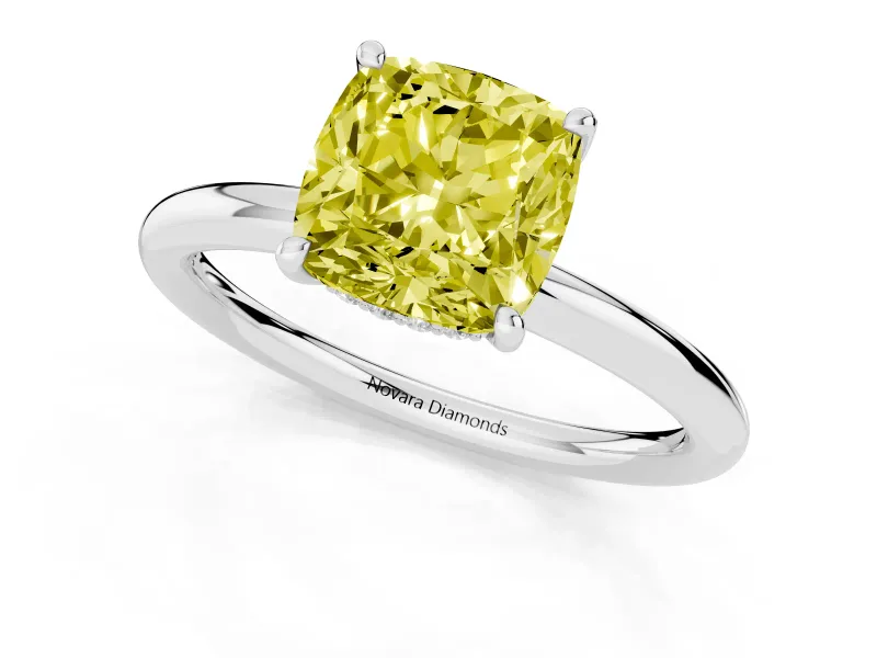 Cushion Cut Hidden Halo Ring Setting for a Fancy Yellow Lab-Grown Diamond | White Gold