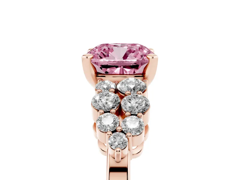 Fancy Pink Cushion Cut Diamond Cluster Engagement Ring Set in Rose gold with Pavé Band and Prong Setting