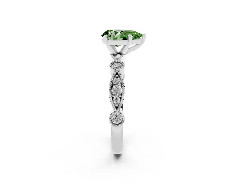 Fancy Green Pear Cut Diamond Solitaire Engagement Ring Set in Platinum with Milgrain Bezel Accent Band