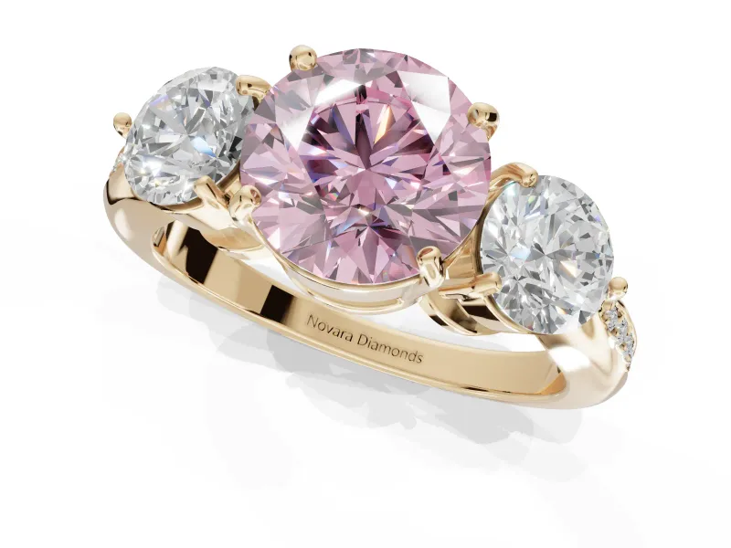 Round Three Stone Engagement Ring Setting for a Fancy Pink Lab-Grown Diamond | Tapered Pave Band | Yellow Gold