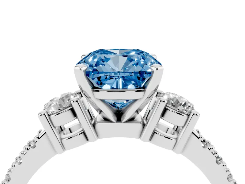 Fancy Blue Three-Stone Cushion Cut Diamond Pavé Band Ring Set in Silver with Prong Setting