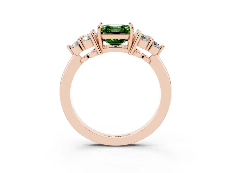 Fancy Green Asscher Cut Diamond Solitaire Ring Set in Rose gold with Cluster Accents on Each Side