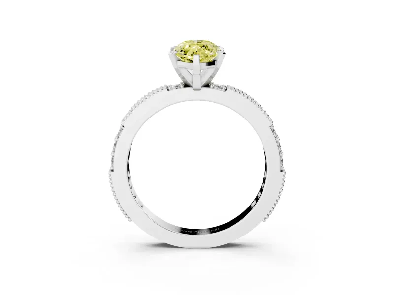 Fancy Yellow Marquise Cut Diamond Solitaire Ring Set in White gold with Slim Pavé Band and Prong Setting