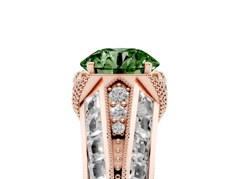 Fancy Green Round Cut Diamond Vintage-Inspired Milgrain Ring Set in Rose gold with Accent Split Shank
