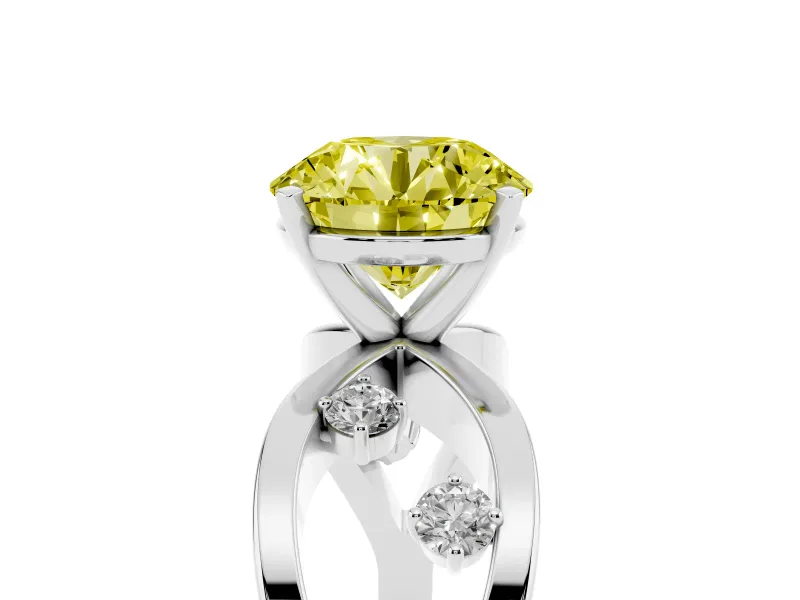 Fancy Yellow Round Cut Diamond Solitaire Ring Set in White gold with Side Stones on Criss-Cross Band and Prong Setting