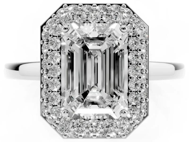 Emerald Cut Diamond Halo Engagement Ring Set in Platinum with Solitaire Band and Prong Setting