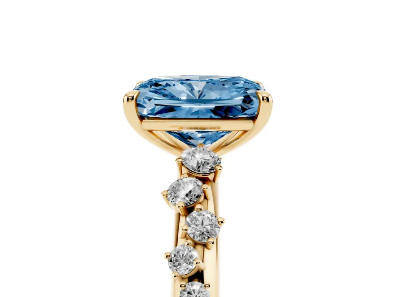 Fancy Blue Radiant Cut Diamond Cluster Solitaire Ring Set in Yellow gold with Prong Setting