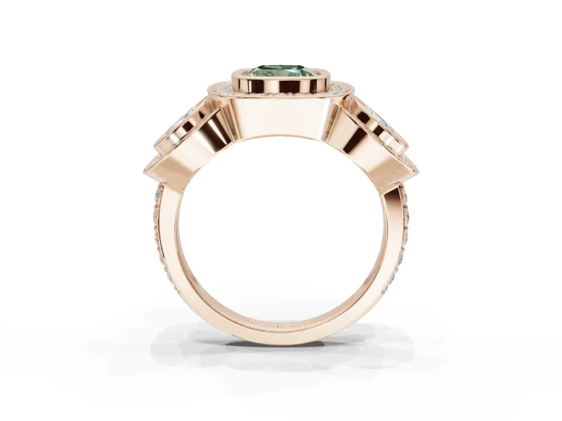 Cushion Cut Three Stone Halo Engagement Ring Setting for a Fancy Green Lab-Grown Diamond | Rose Gold