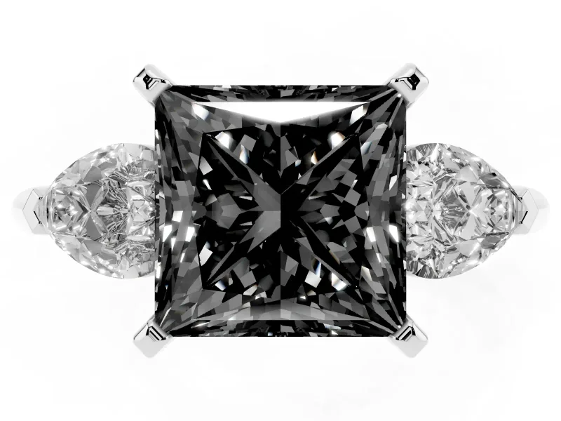 Fancy Black Three-Stone Princess Cut Diamond Ring Set in Silver with Pear Side Stones and Prong Setting