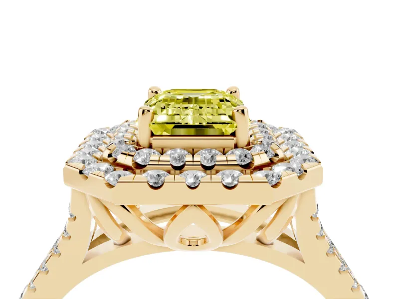 Emerald Cut Halo Split Shank Engagement Ring Setting for a Fancy Yellow Lab-Grown Diamond | Yellow Gold