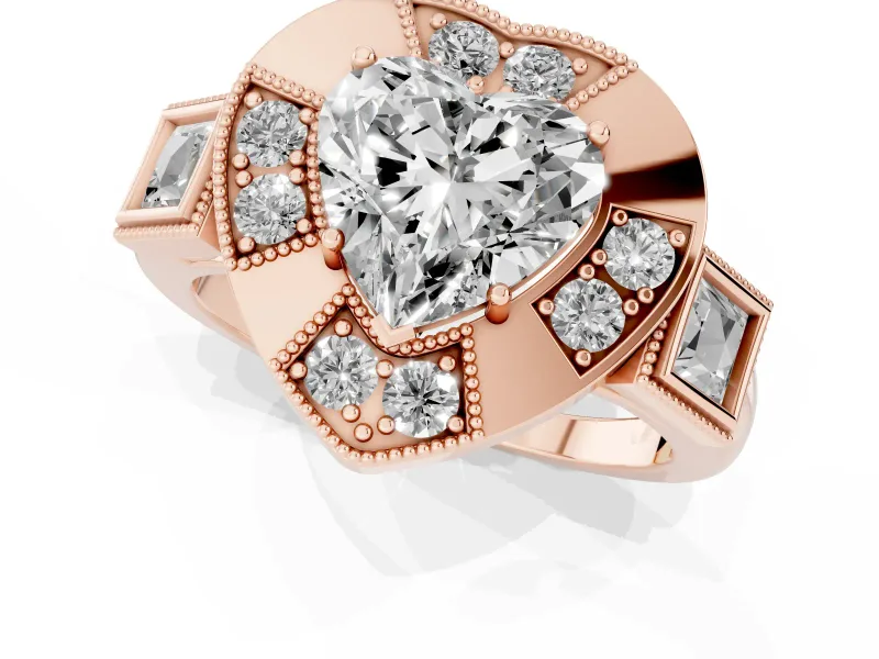 Heart-Shaped Milgrain Sectioned Halo Engagement Ring Setting | Square-Framed Sides | Rose Gold