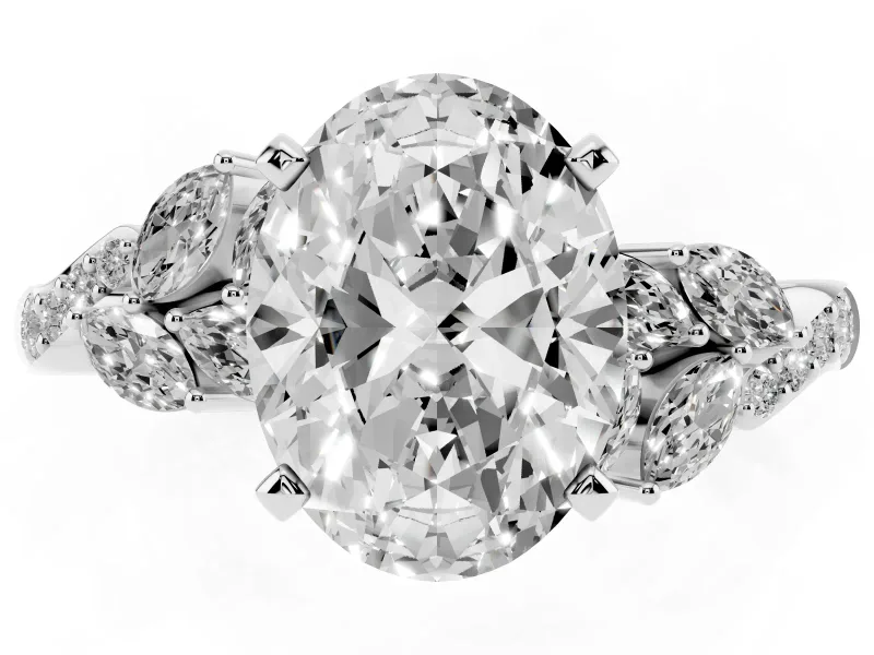Oval Floral Engagement Ring Setting | Marquise Side Stones | White Gold