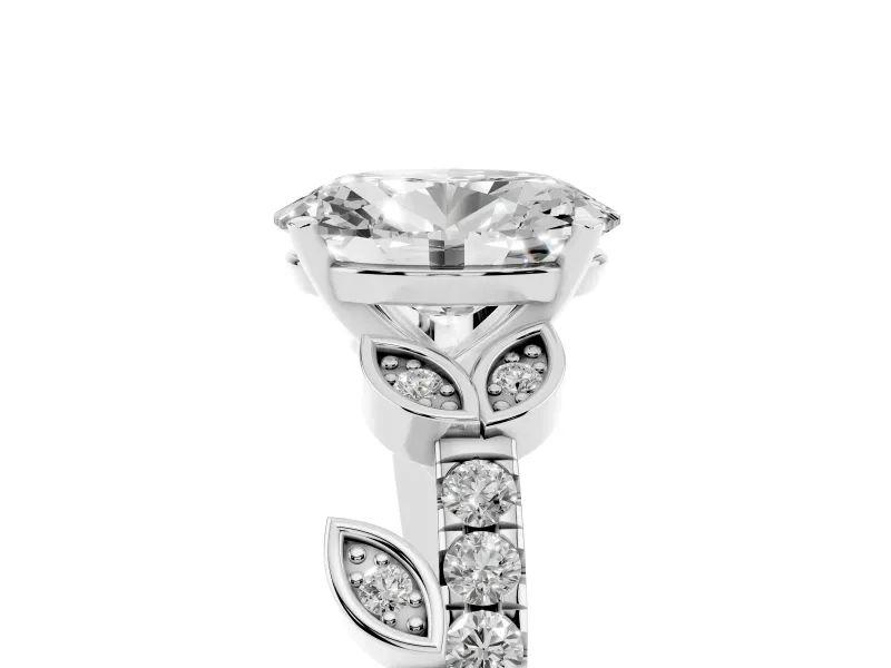 Oval Cut Diamond Solitaire Leaf-Inspired Ring Set in Platinum with Pavé Band and Prong Setting