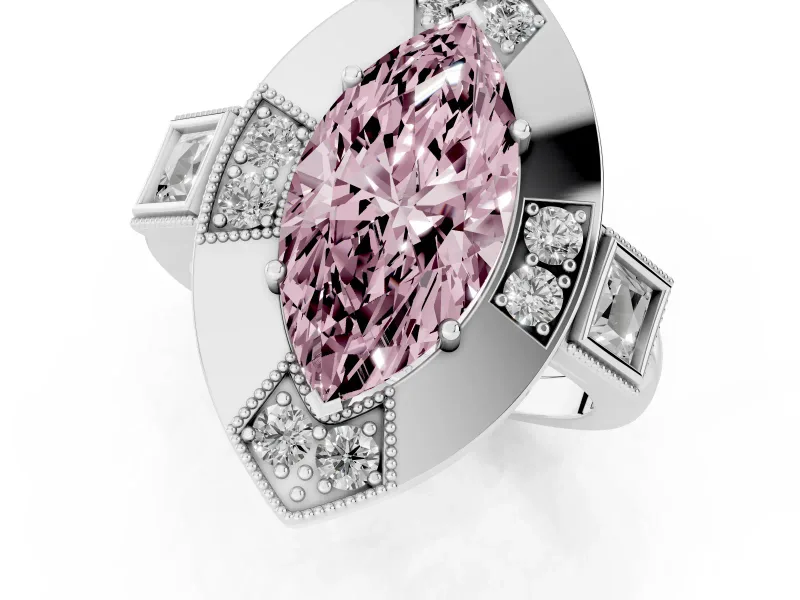 Fancy Pink Marquise Cut Diamond Milgrain Halo Ring Set in Platinum with Split Shank