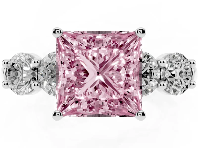 Princess Cut Five Stone Engagement Ring Setting for a Fancy Pink Lab-Grown Diamond | Prong Set Side Stones | White Gold