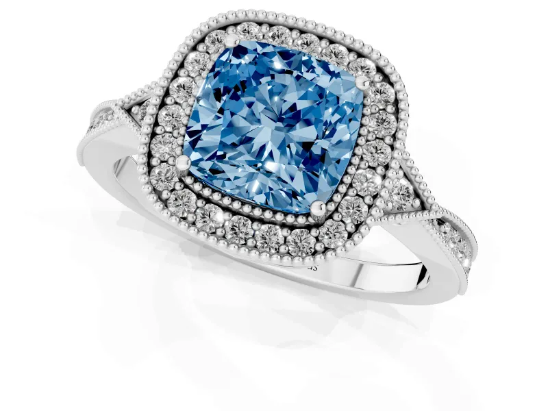 Fancy Blue Cushion Cut Diamond Halo Engagement Ring Set in White gold with Milgrain Pavé Band