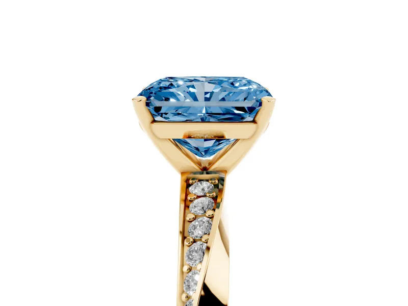 Radiant Cut Twisted Pave Engagement Ring Setting for a Fancy Blue Lab-Grown Diamond | Ribbon Band | Yellow Gold