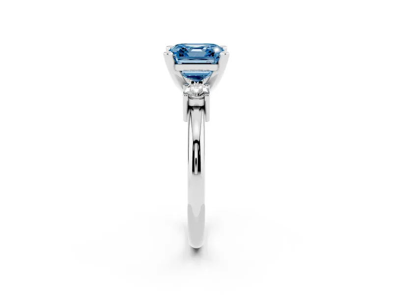 Fancy Blue Three-Stone Asscher Cut Diamond Ring Set in Silver with Prong Setting and Plain Band