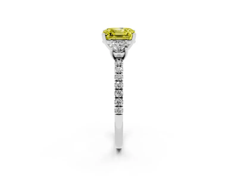 Asscher Cut Three Stone Engagement Ring Setting for a Fancy Yellow Lab-Grown Diamond | Pave Shoulders | Platinum