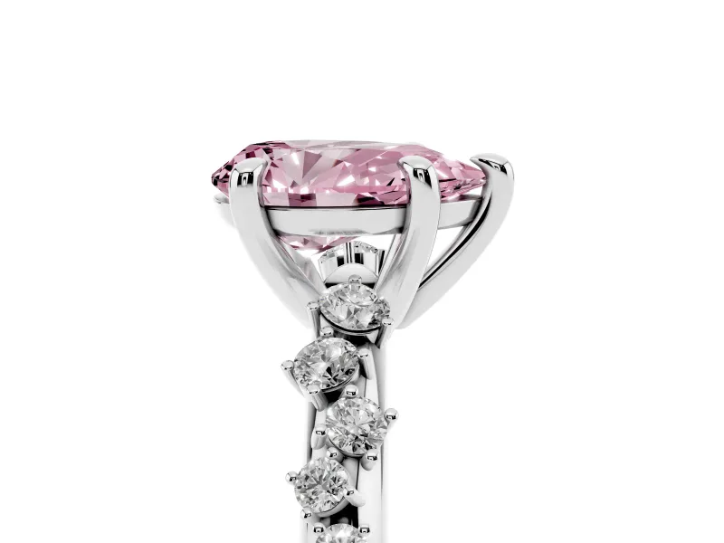 Fancy Pink Pear Cut Diamond Solitaire Vine Band Ring Set in White gold with Round Accents and Prong Setting