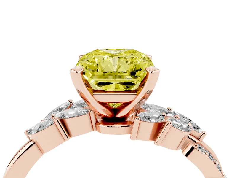 Fancy Yellow Radiant Cut Diamond Solitaire Ring Set in Rose gold with Marquise Twist Band and Prong Setting