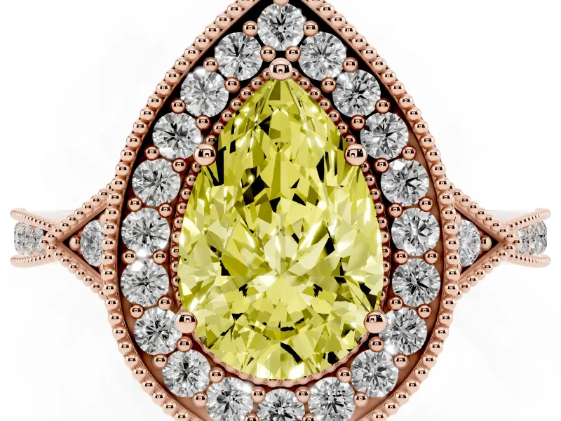 Fancy Yellow Pear Cut Diamond Halo Engagement Ring Set in Rose gold with Milgrain Pavé Band